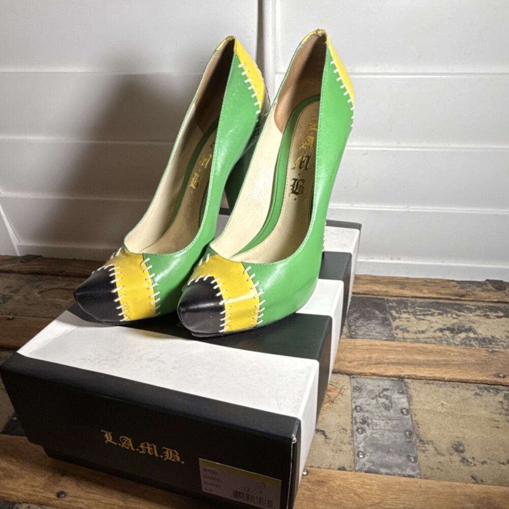 L.A.M.B. Patchwork Stiletto Pumps Slip On Green Yellow Black Pointed Toe 6
